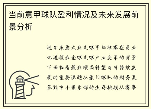 当前意甲球队盈利情况及未来发展前景分析