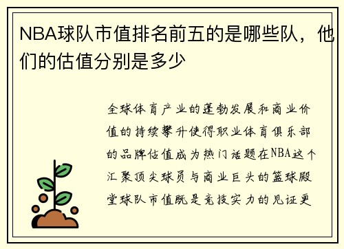 NBA球队市值排名前五的是哪些队，他们的估值分别是多少